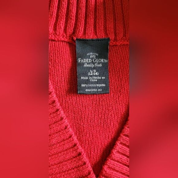 Faded Glory size large 12-14 Vintage Red Pullover sweater Holiday Rib V-neck - Picture 4 of 4
